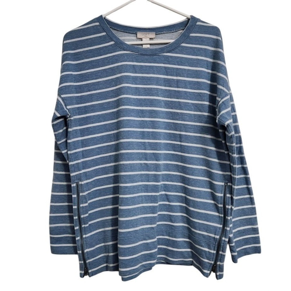 LOFT‎ Outlet Striped Long Sleeve Crewneck Top Zipper Detail Blue White Med C55